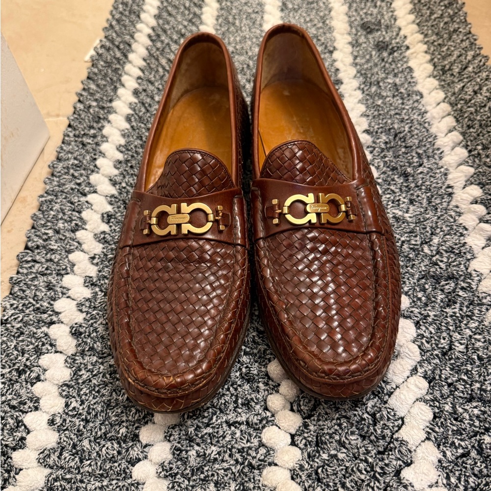 Salvatore Ferragamo Woven Brown Leather Boat Shoes